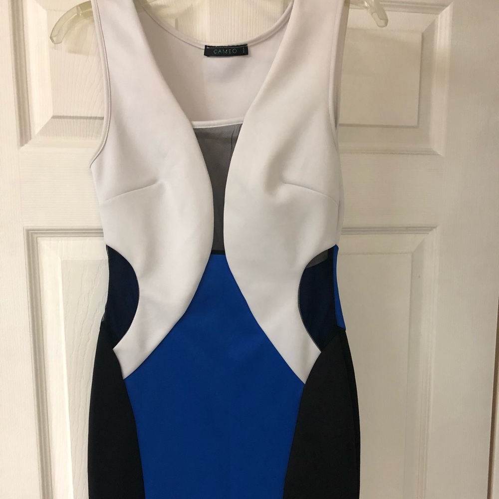 White, blue, black dress